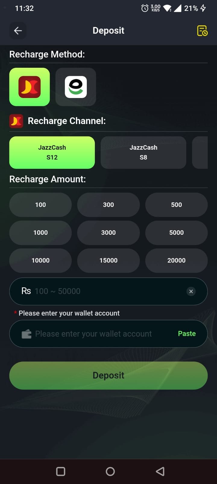 BBRS deposit screen screenshot showing JazzCash and Easypaisa recharge methods with rupee amount presets